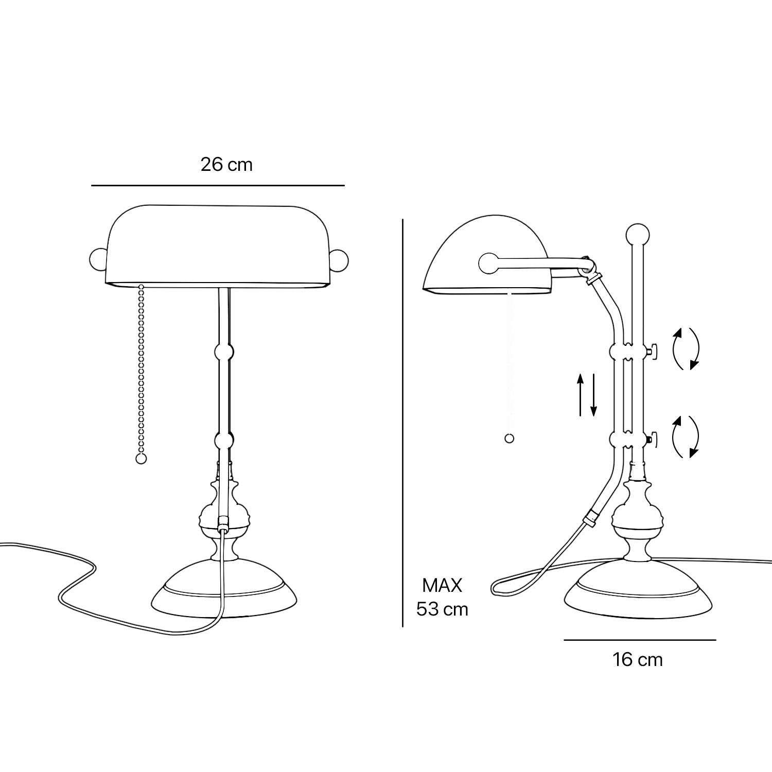 Classic banker's desk lamp with glass shade, height-adjustable arm and chain pull switch, brass structure by Ghidini 1849