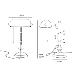 Classic banker's desk lamp with glass shade, height-adjustable arm and chain pull switch, brass structure by Ghidini 1849