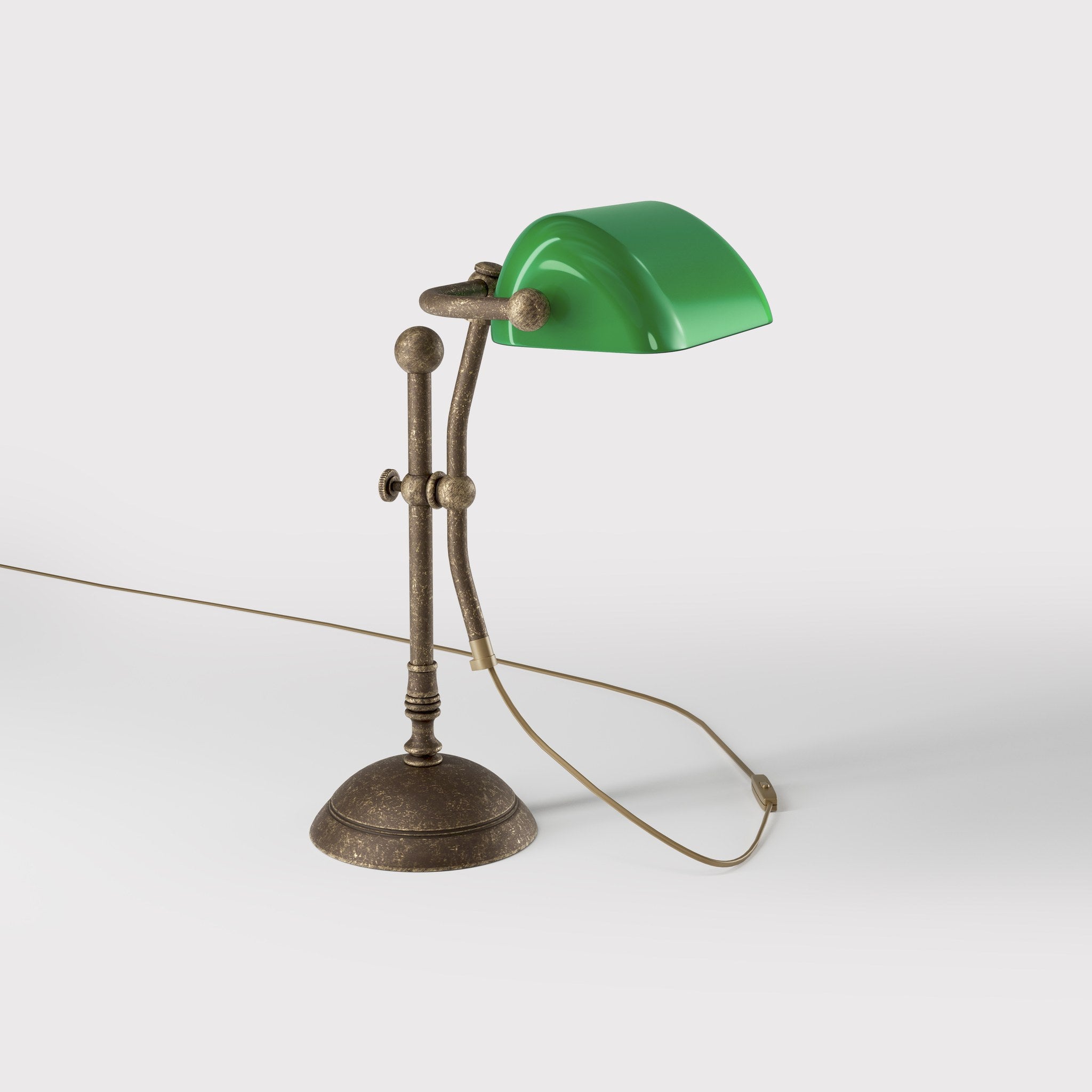 Compact banker's desk lamp with green shade, height-adjustable arm and brass structure by Ghidini 1849 | Finish: OAS Antique Brass