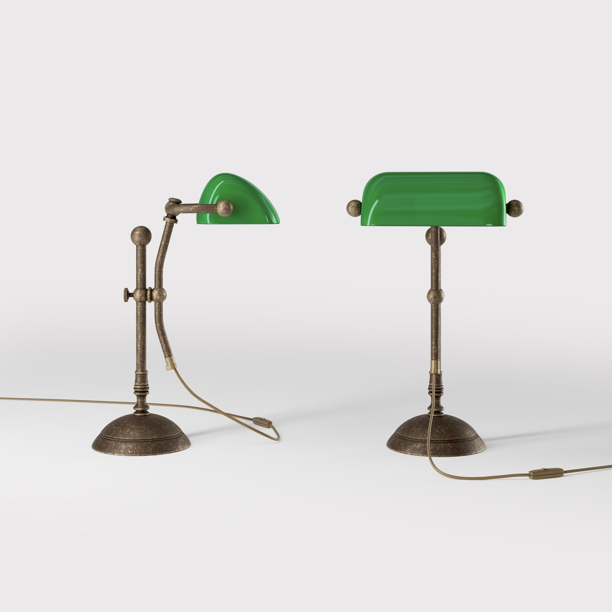 Compact banker's desk lamp with green shade, height-adjustable arm and brass structure by Ghidini 1849 | Finish: OAS Antique Brass