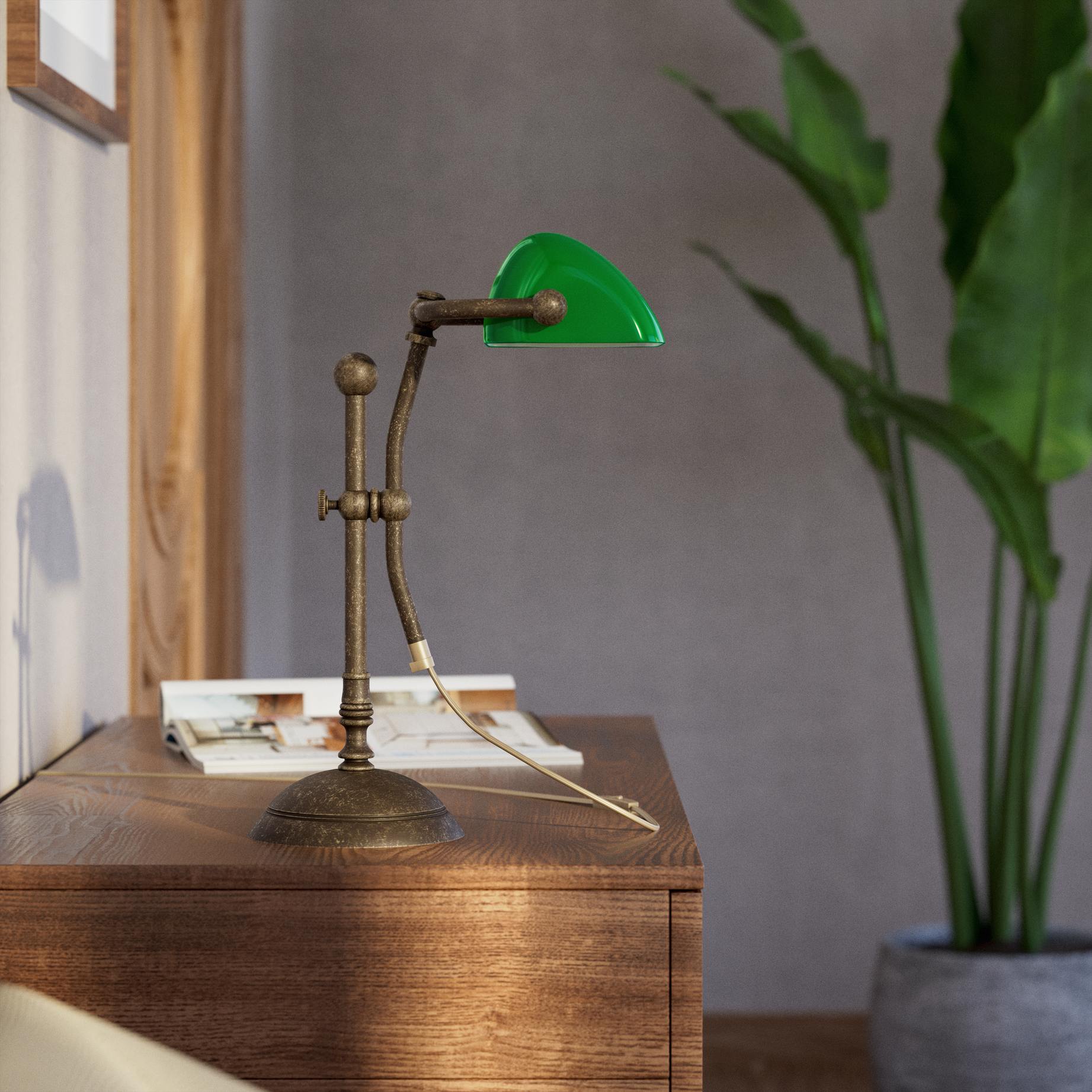 Compact banker's desk lamp with green shade, height-adjustable arm and brass structure by Ghidini 1849 | Finish: OAS Antique Brass