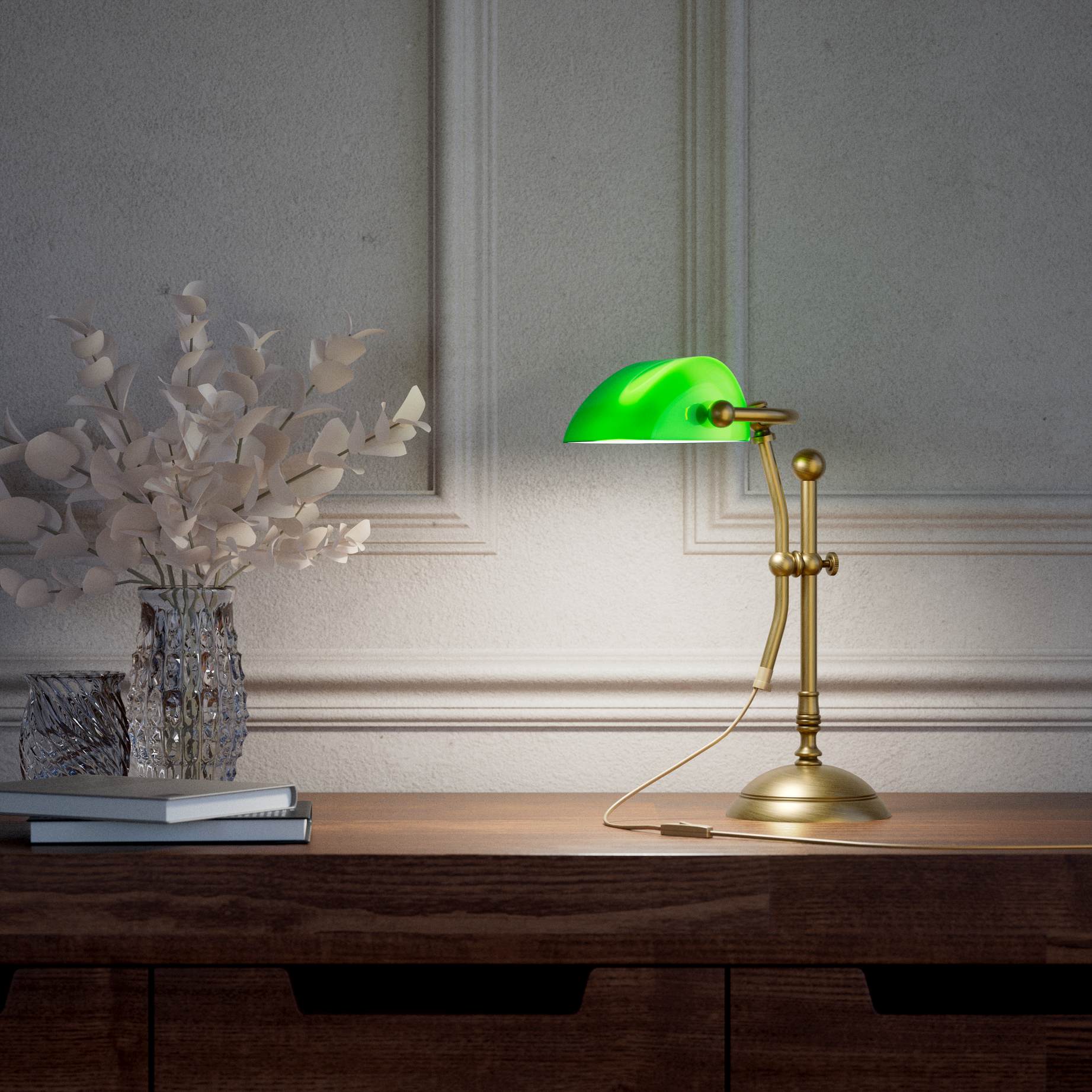 Compact banker's desk lamp with green shade, height-adjustable arm and brass structure by Ghidini 1849 | Finish: OBS Bronze Satin Brass