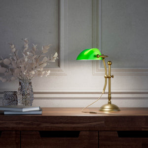 Compact banker's desk lamp with green shade, height-adjustable arm and brass structure by Ghidini 1849 | Finish: OBS Bronze Satin Brass