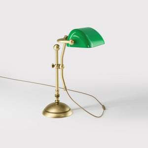 Compact banker's desk lamp with green shade, height-adjustable arm and brass structure by Ghidini 1849 | Finish: OBV Bronze Satin Light Brass