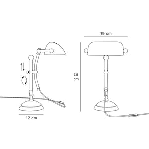 Compact banker's desk lamp with green shade, height-adjustable arm and brass structure by Ghidini 1849