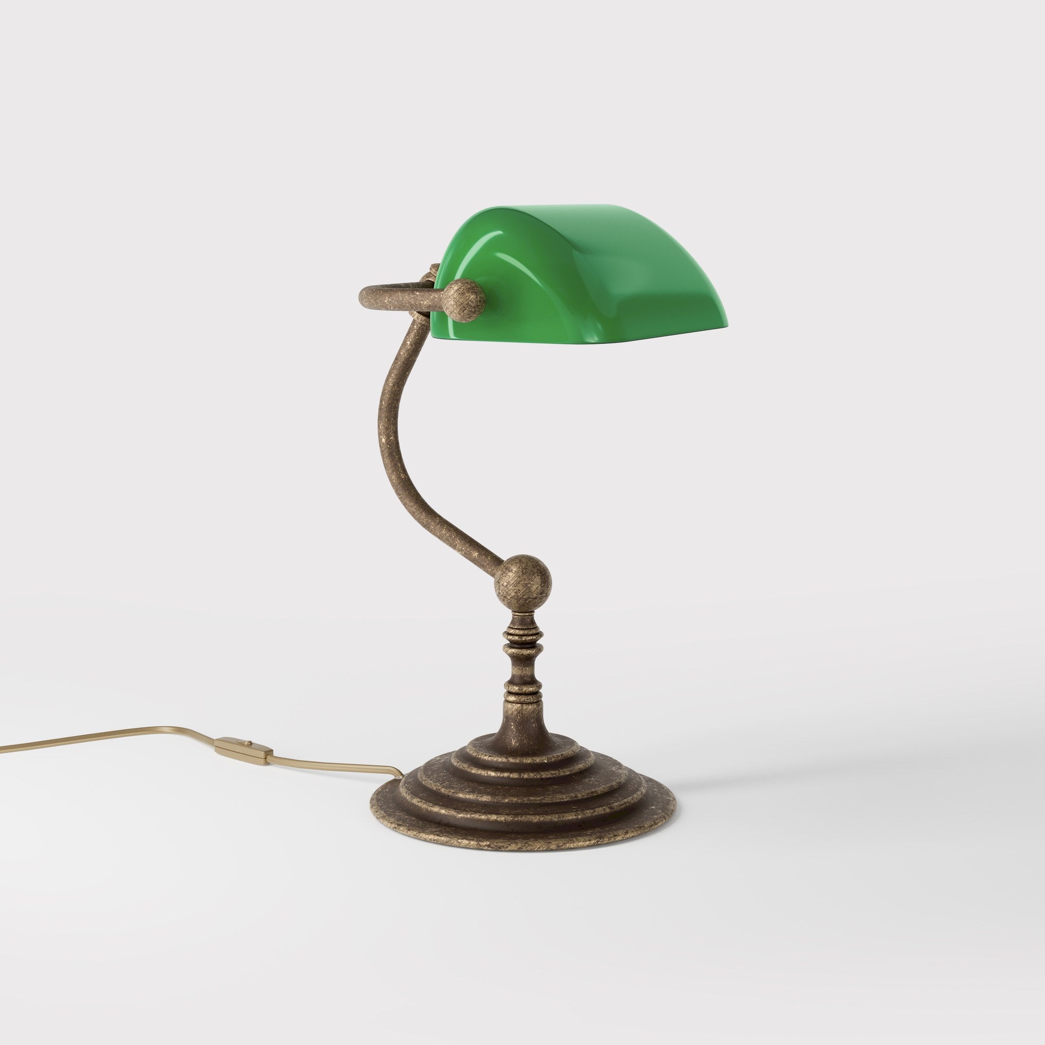 Small banker's desk lamp with green glass shade and brass structure for compact spaces by Ghidini 1849 - Finish: OAS Antique Brass