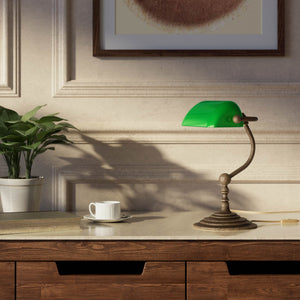 Small banker's desk lamp with green glass shade and brass structure for compact spaces by Ghidini 1849 - Finish: OAS Antique Brass