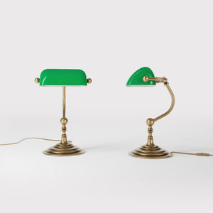 Small banker's desk lamp with green glass shade and brass structure for compact spaces by Ghidini 1849 - Finish: OBS Bronze Satin Brass