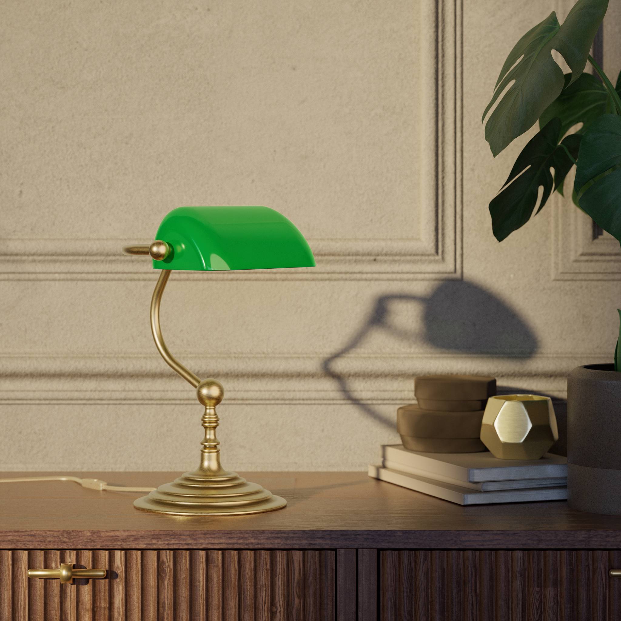 Small banker's desk lamp with green glass shade and brass structure for compact spaces by Ghidini 1849 - Finish: OBS Bronze Satin Brass