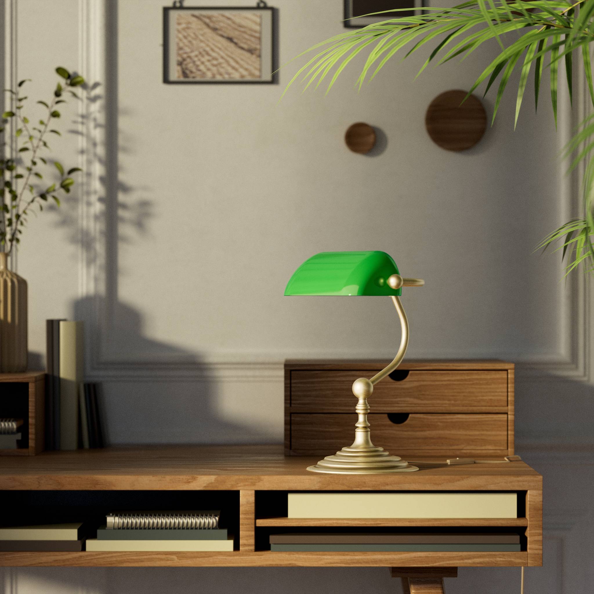 Small banker's desk lamp with green glass shade and brass structure for compact spaces by Ghidini 1849 - Finish: OBV Bronze Satin Light Brass