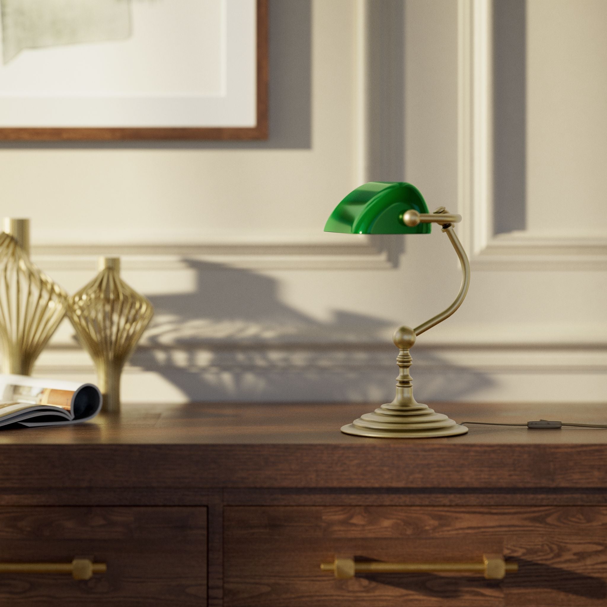 Small banker's desk lamp with green glass shade and brass structure for compact spaces by Ghidini 1849 - Finish: OBV Bronze Satin Light Brass