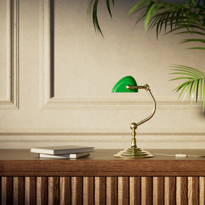 Small banker's desk lamp with green glass shade and brass structure for compact spaces by Ghidini 1849 - Finish: OLV Polished Brass