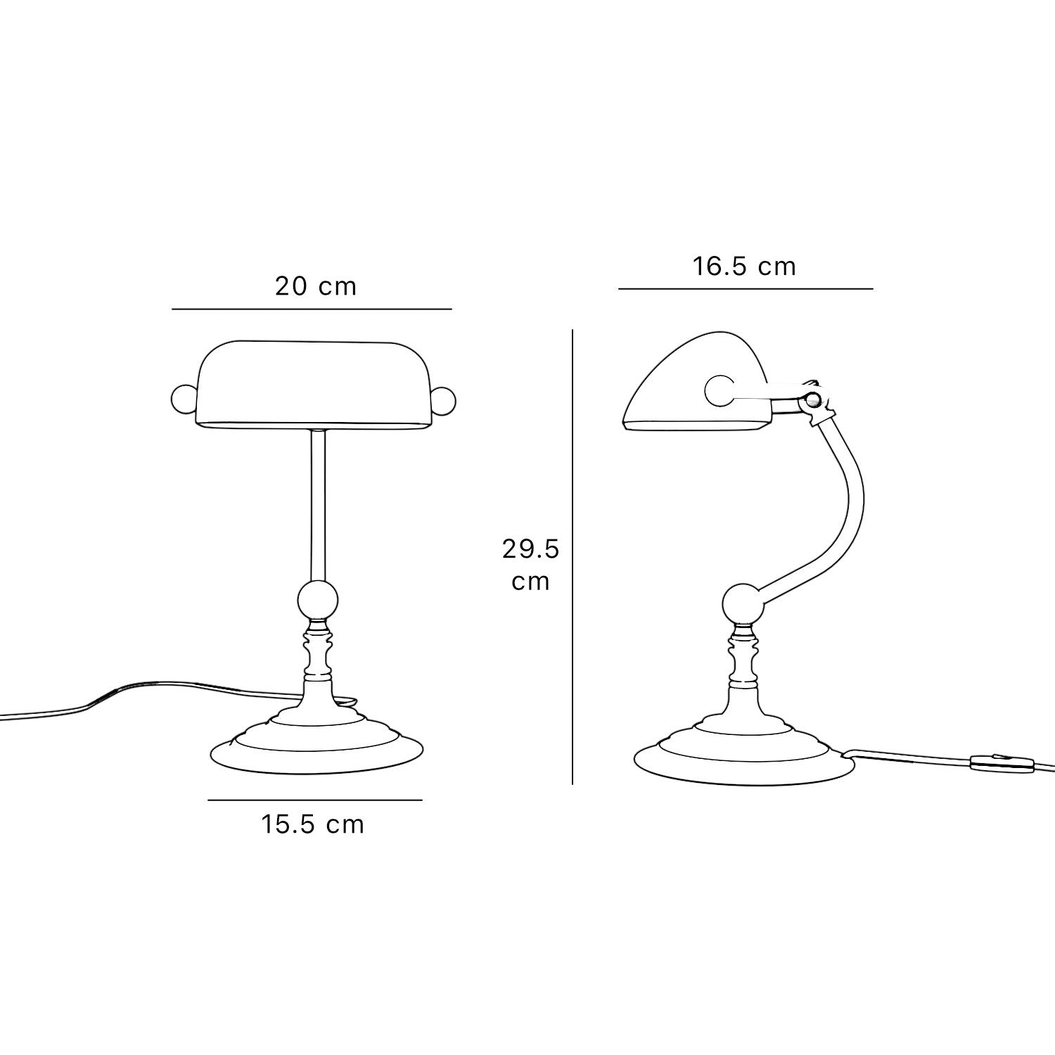 Small banker's desk lamp with green glass shade and brass structure for compact spaces by Ghidini 1849
