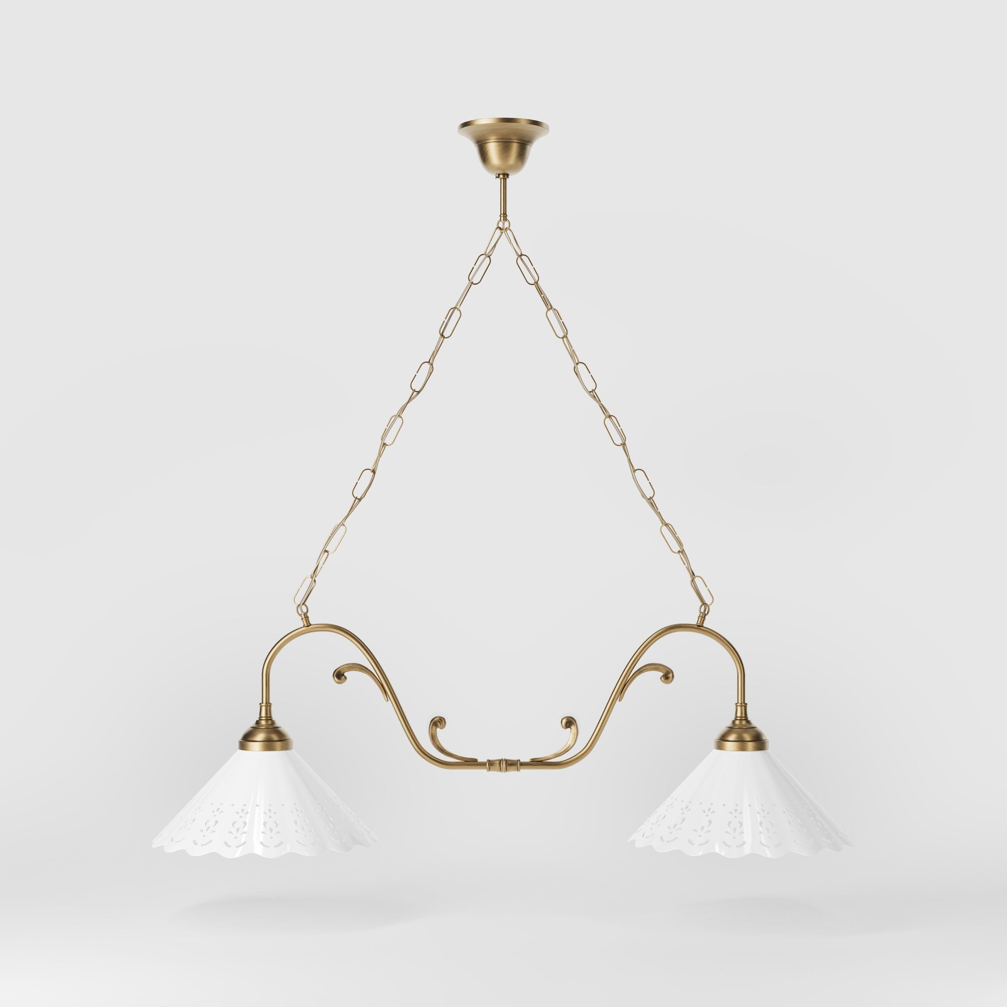 Art Nouveau pendant lamp with two pierced white ceramic shades, decorative brass arms and adjustable suspension chain by Ghidini 1849 - Finish: OBS Bronze Satin Brass