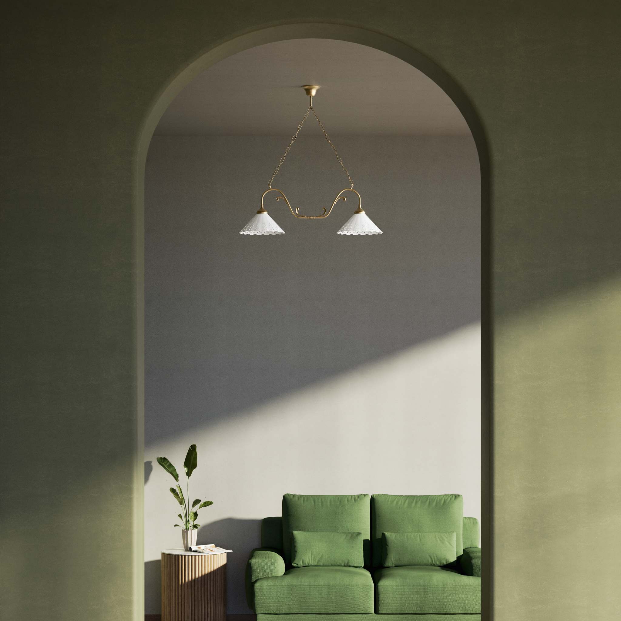 Art Nouveau pendant lamp with two pierced white ceramic shades, decorative brass arms and adjustable suspension chain by Ghidini 1849 - Finish: OBS Bronze Satin Brass