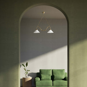 Art Nouveau pendant lamp with two pierced white ceramic shades, decorative brass arms and adjustable suspension chain by Ghidini 1849 - Finish: OBS Bronze Satin Brass