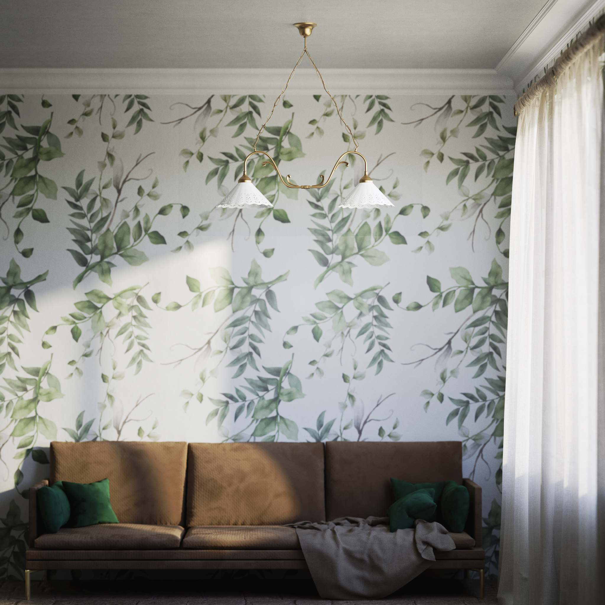 Art Nouveau pendant lamp with two pierced white ceramic shades, decorative brass arms and adjustable suspension chain by Ghidini 1849 - Finish: OBS Bronze Satin Brass