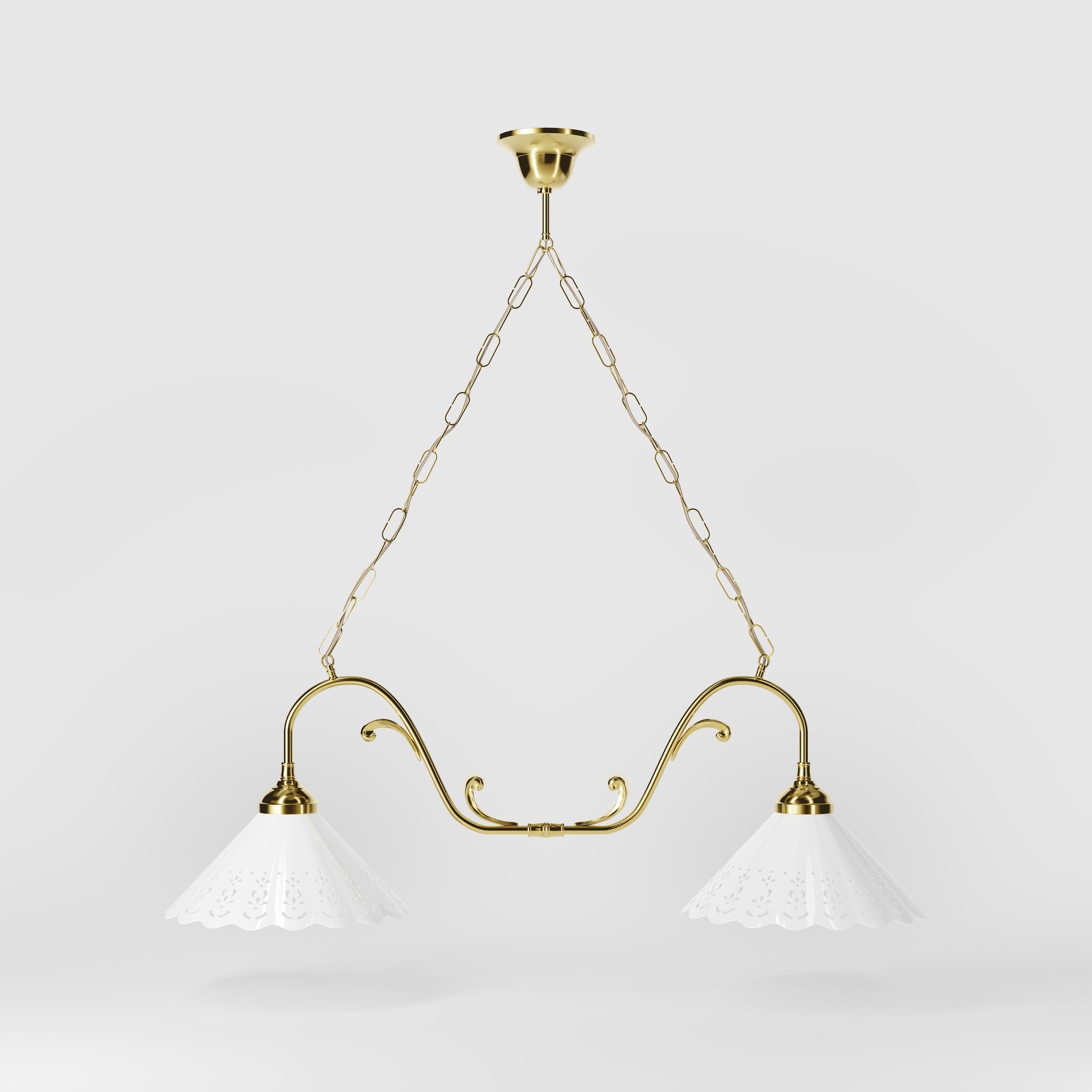 Art Nouveau pendant lamp with two pierced white ceramic shades, decorative brass arms and adjustable suspension chain by Ghidini 1849 - Finish: OLV Polished Brass