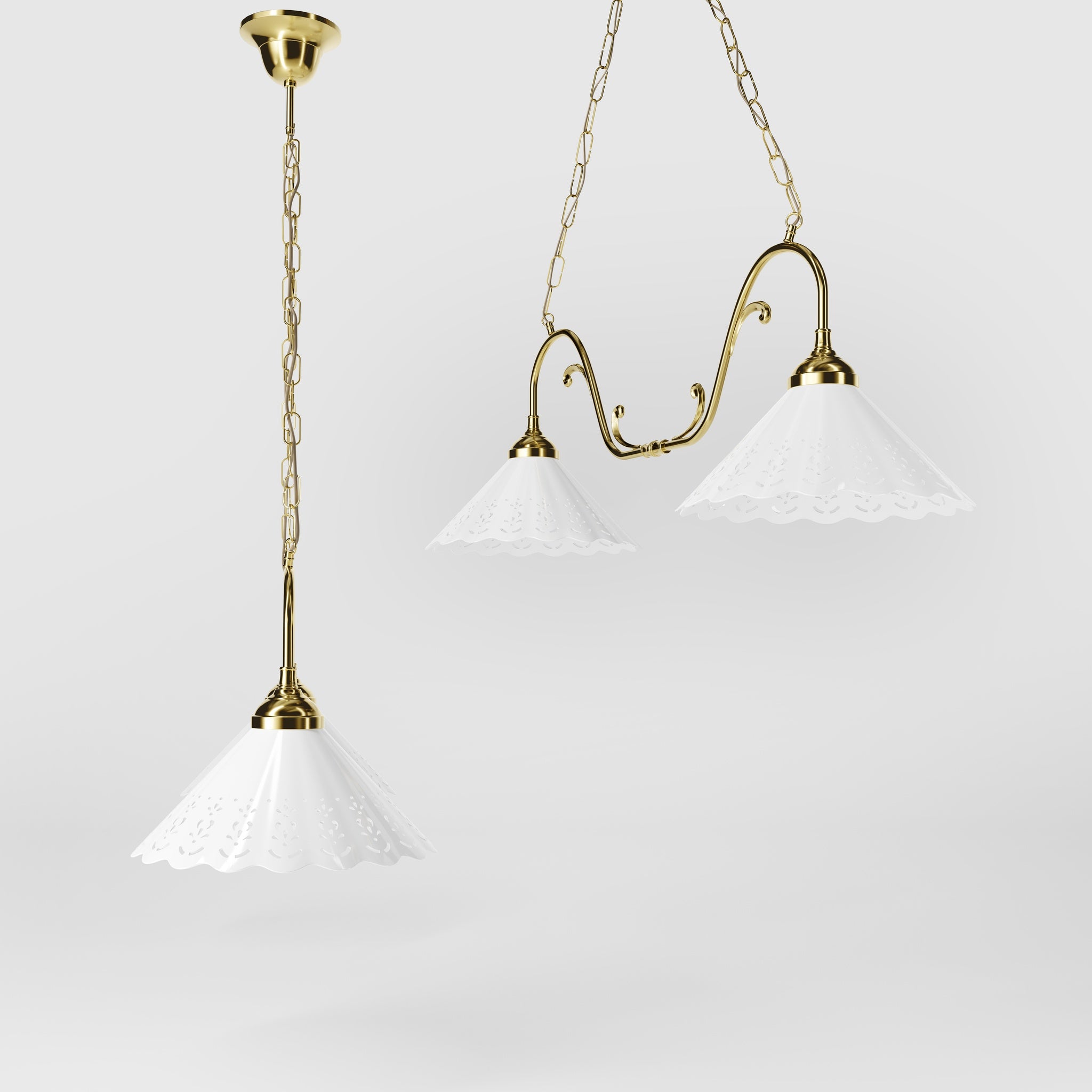Art Nouveau pendant lamp with two pierced white ceramic shades, decorative brass arms and adjustable suspension chain by Ghidini 1849 - Finish: OLV Polished Brass