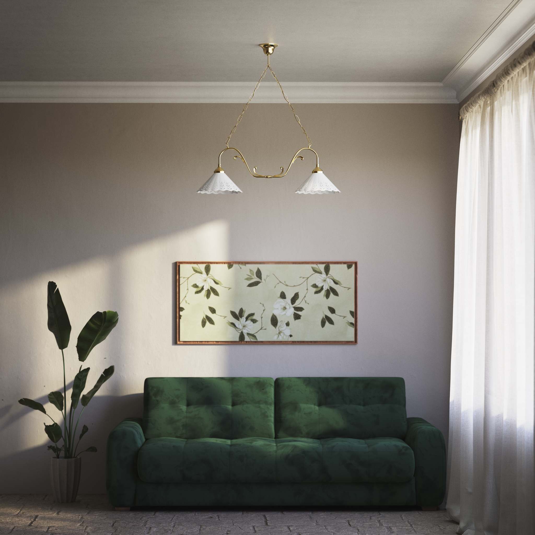 Art Nouveau pendant lamp with two pierced white ceramic shades, decorative brass arms and adjustable suspension chain by Ghidini 1849 - Finish: OLV Polished Brass