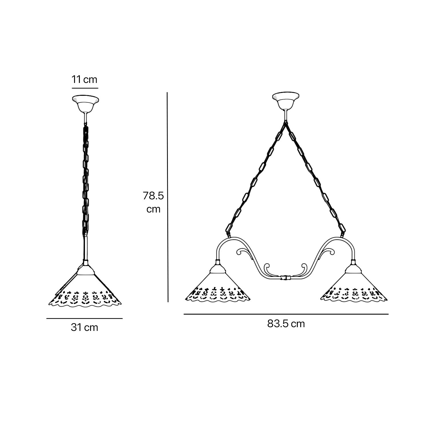 Art Nouveau pendant lamp with two pierced white ceramic shades, decorative brass arms and adjustable suspension chain by Ghidini 1849