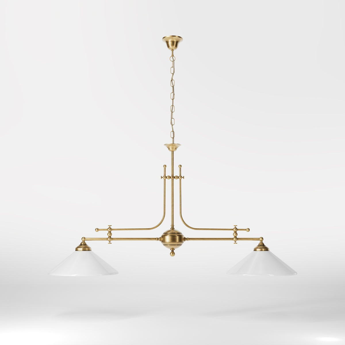 Lustre Billard en Laiton avec Abat-Jours en Verre Blanc - OBS Bronze Laiton Satiné