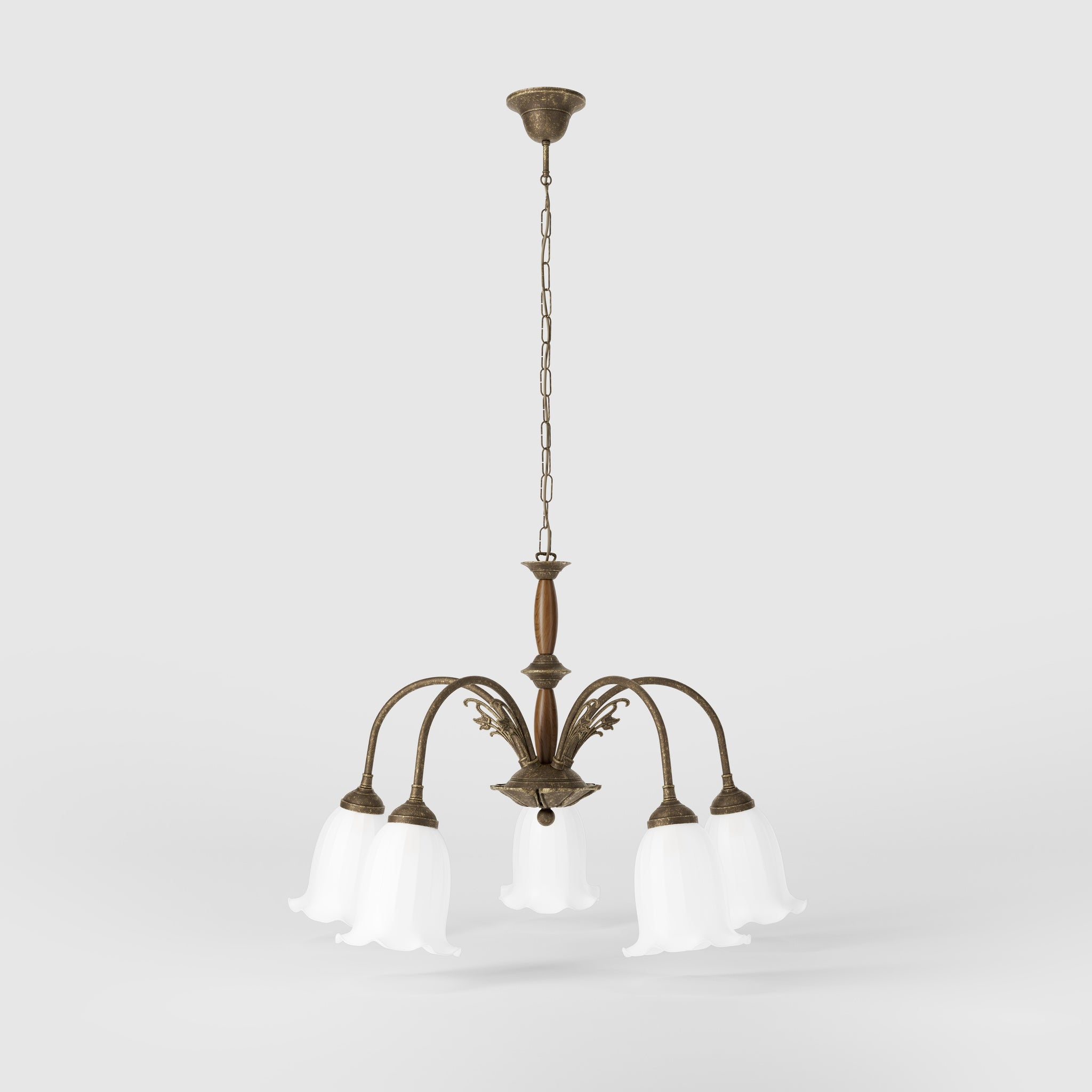 Floral brass chandelier with frosted glass shades and wooden details by Ghidini 1849 - Finish: OAS Antique Brass