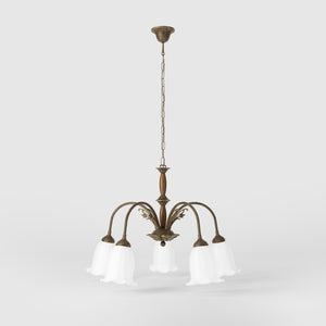Floral brass chandelier with frosted glass shades and wooden details by Ghidini 1849 - Finish: OAS Antique Brass