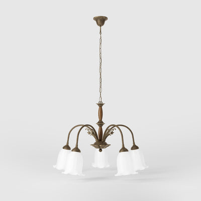 Floral brass chandelier with frosted glass shades and wooden details by Ghidini 1849 - Finish: OAS Antique Brass