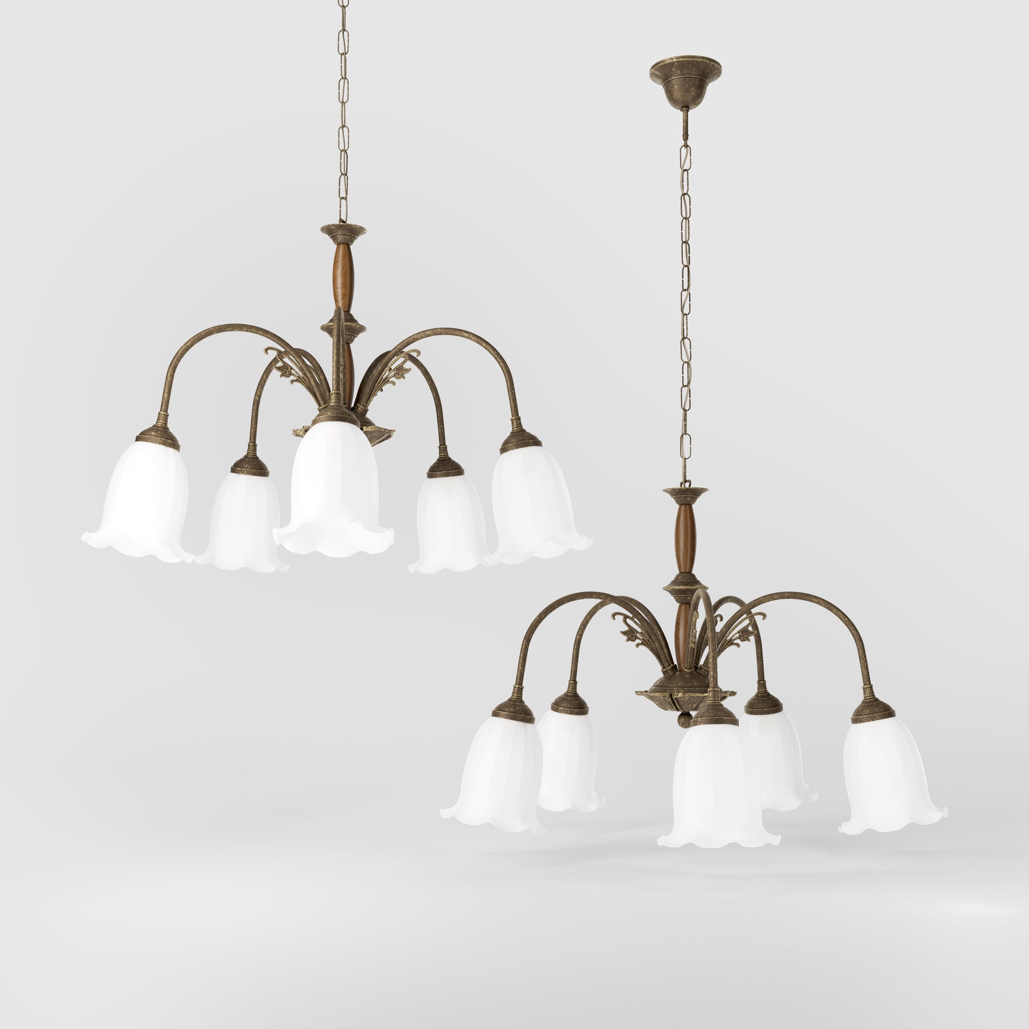 Floral brass chandelier with frosted glass shades and wooden details by Ghidini 1849 - Finish: OAS Antique Brass