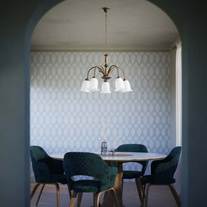 Floral brass chandelier with frosted glass shades and wooden details by Ghidini 1849 - Finish: OAS Antique Brass