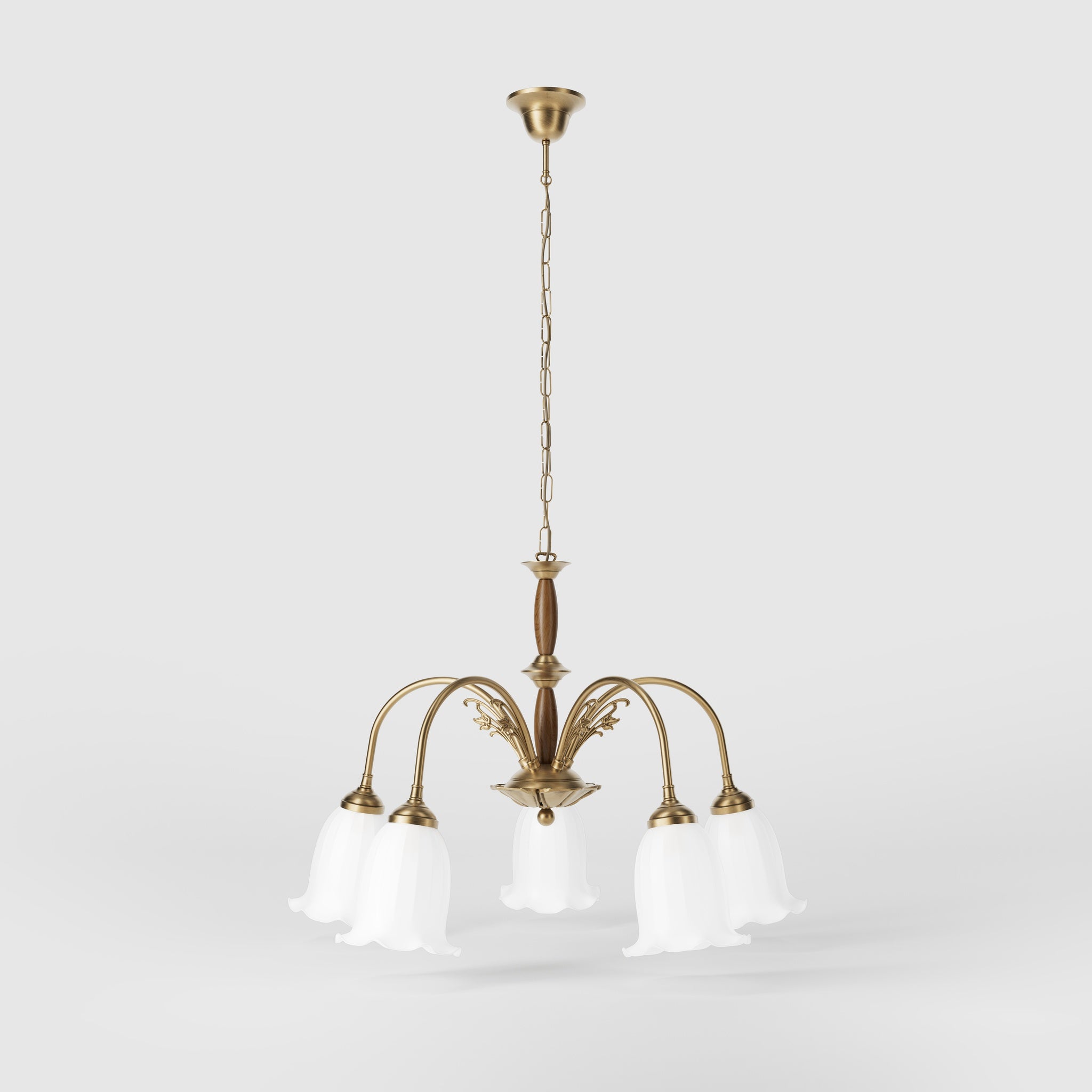 Floral brass chandelier with frosted glass shades and wooden details by Ghidini 1849 - Finish: OBS Bronze Satin Brass