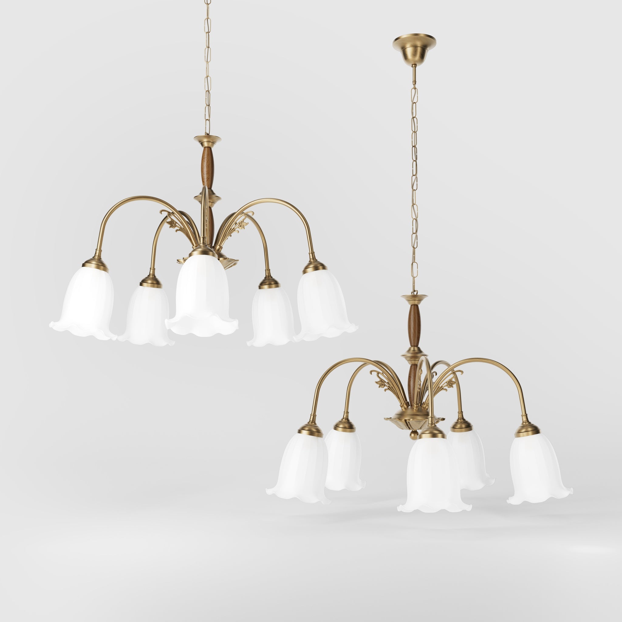 Floral brass chandelier with frosted glass shades and wooden details by Ghidini 1849 - Finish: OBS Bronze Satin Brass