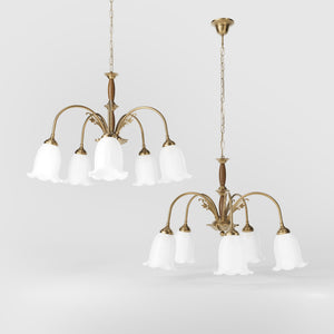 Floral brass chandelier with frosted glass shades and wooden details by Ghidini 1849 - Finish: OBS Bronze Satin Brass