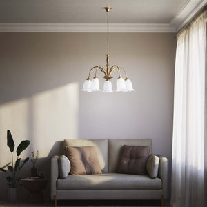 Floral brass chandelier with frosted glass shades and wooden details by Ghidini 1849 - Finish: OBS Bronze Satin Brass