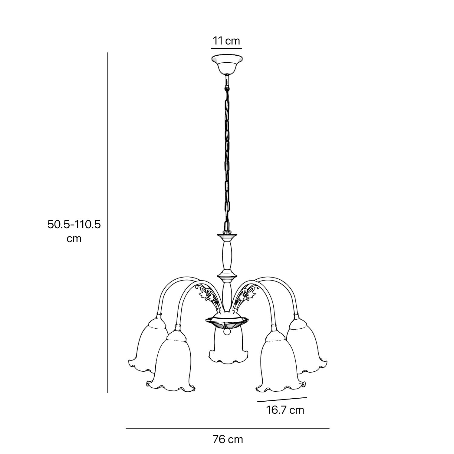 Floral brass chandelier with frosted glass shades and wooden details by Ghidini 1849