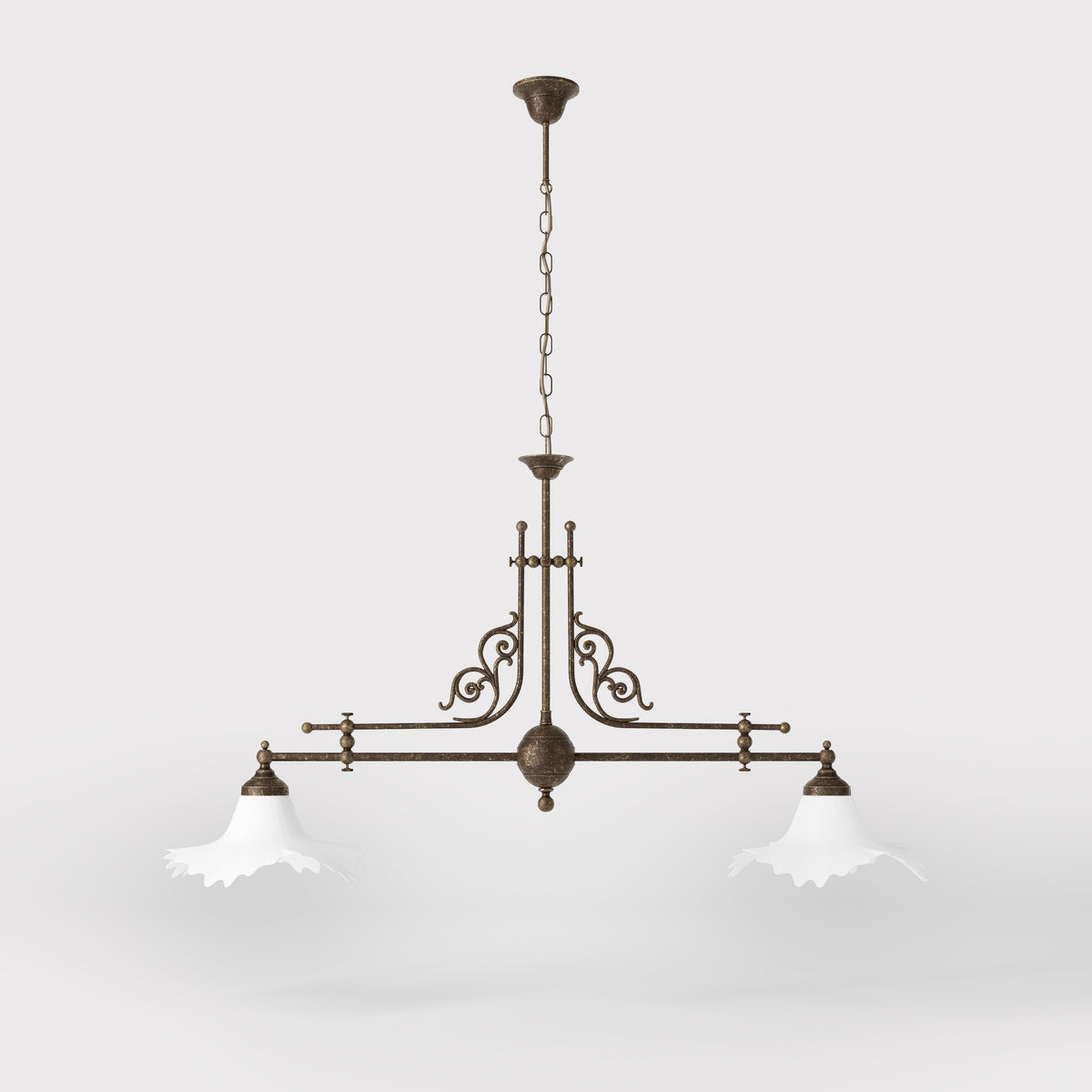 Classic brass chandelier with white satin glass shades by Ghidini 1849 - Finish: OAS Antique Brass