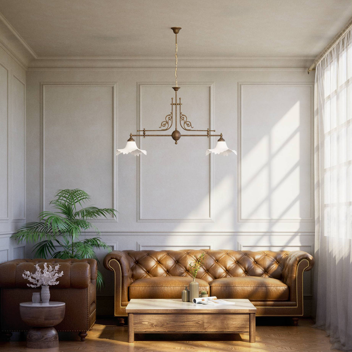 Classic brass chandelier with white satin glass shades by Ghidini 1849 - Finish: OAS Antique Brass