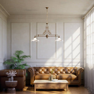Classic brass chandelier with white satin glass shades by Ghidini 1849 - Finish: OAS Antique Brass