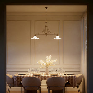 Classic brass chandelier with white satin glass shades by Ghidini 1849 - Finish: OAS Antique Brass