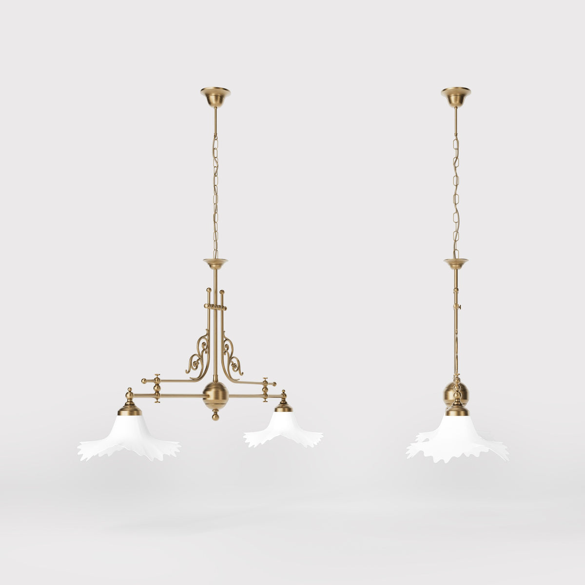 Classic brass chandelier with white satin glass shades by Ghidini 1849 - Finish: OBS Bronze Satin Brass