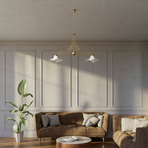 Classic brass chandelier with white satin glass shades by Ghidini 1849 - Finish: OBS Bronze Satin Brass