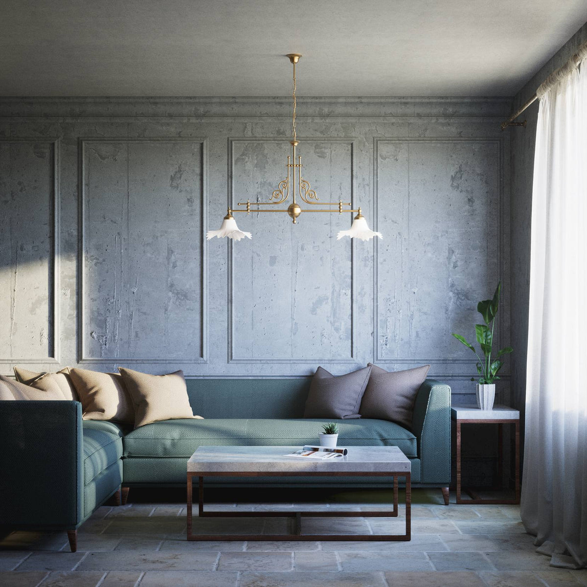 Classic brass chandelier with white satin glass shades by Ghidini 1849 - Finish: OBS Bronze Satin Brass