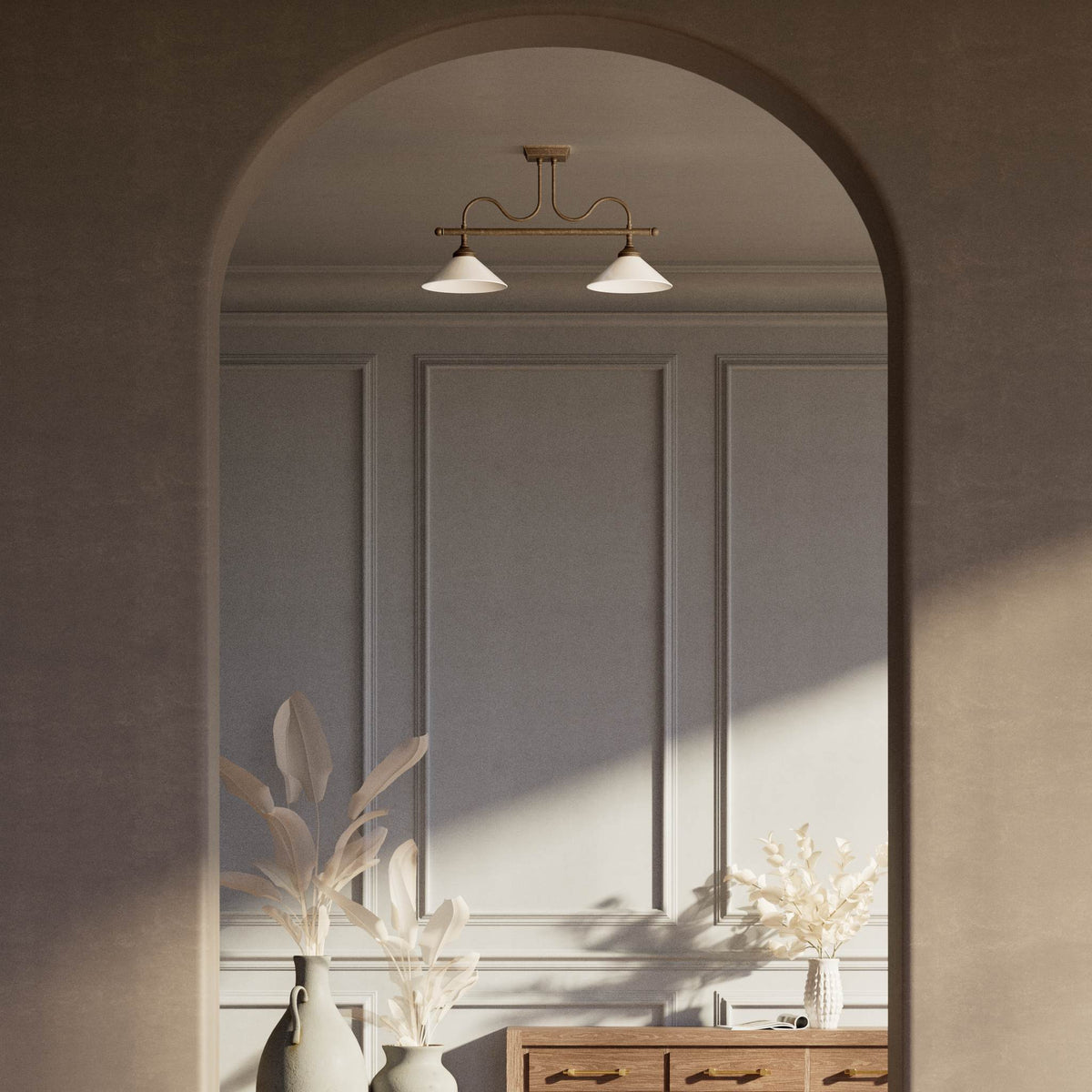 Brass ceiling lamp with conical white glass shades by Ghidini 1849 - Finish: OAS Antique Brass