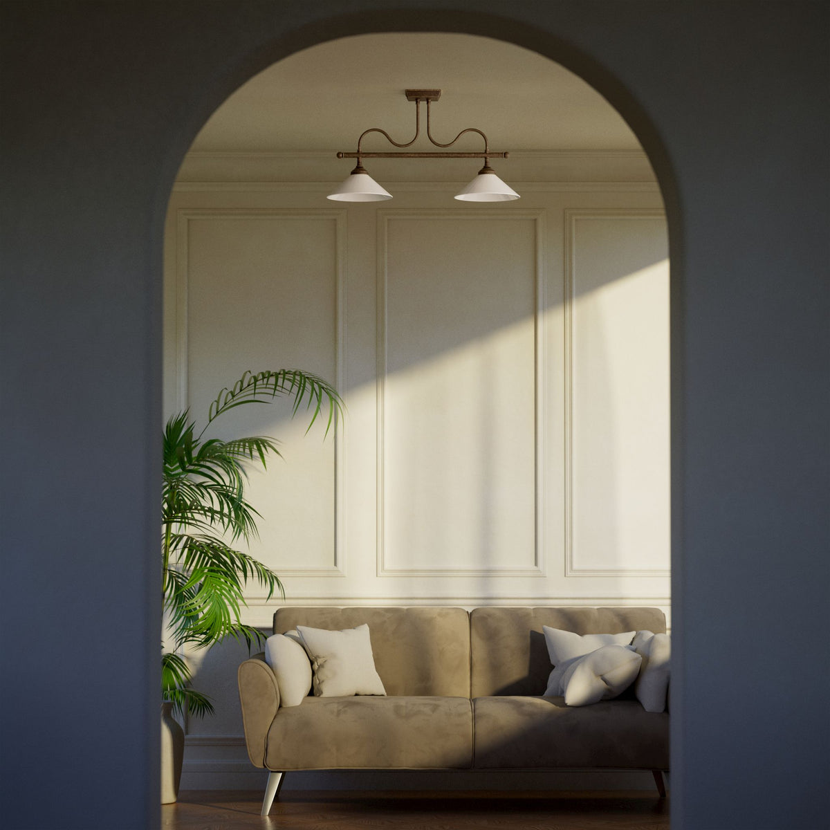 Brass ceiling lamp with conical white glass shades by Ghidini 1849 - Finish: OAS Antique Brass