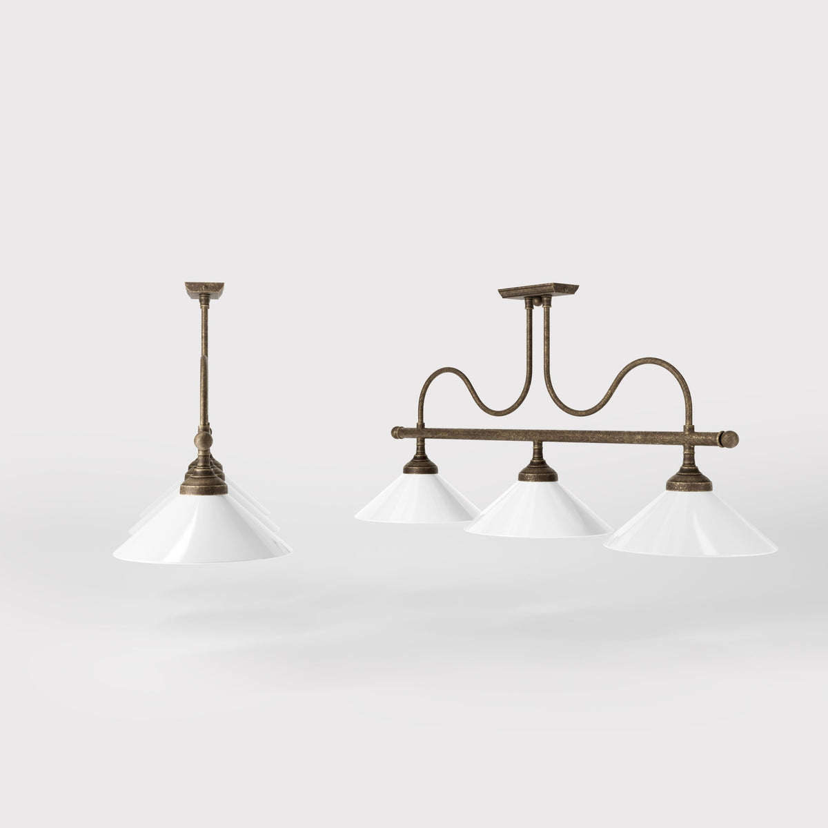 Brass ceiling lamp with three white glass shades by Ghidini 1849 - Finish: OAS Antique Brass