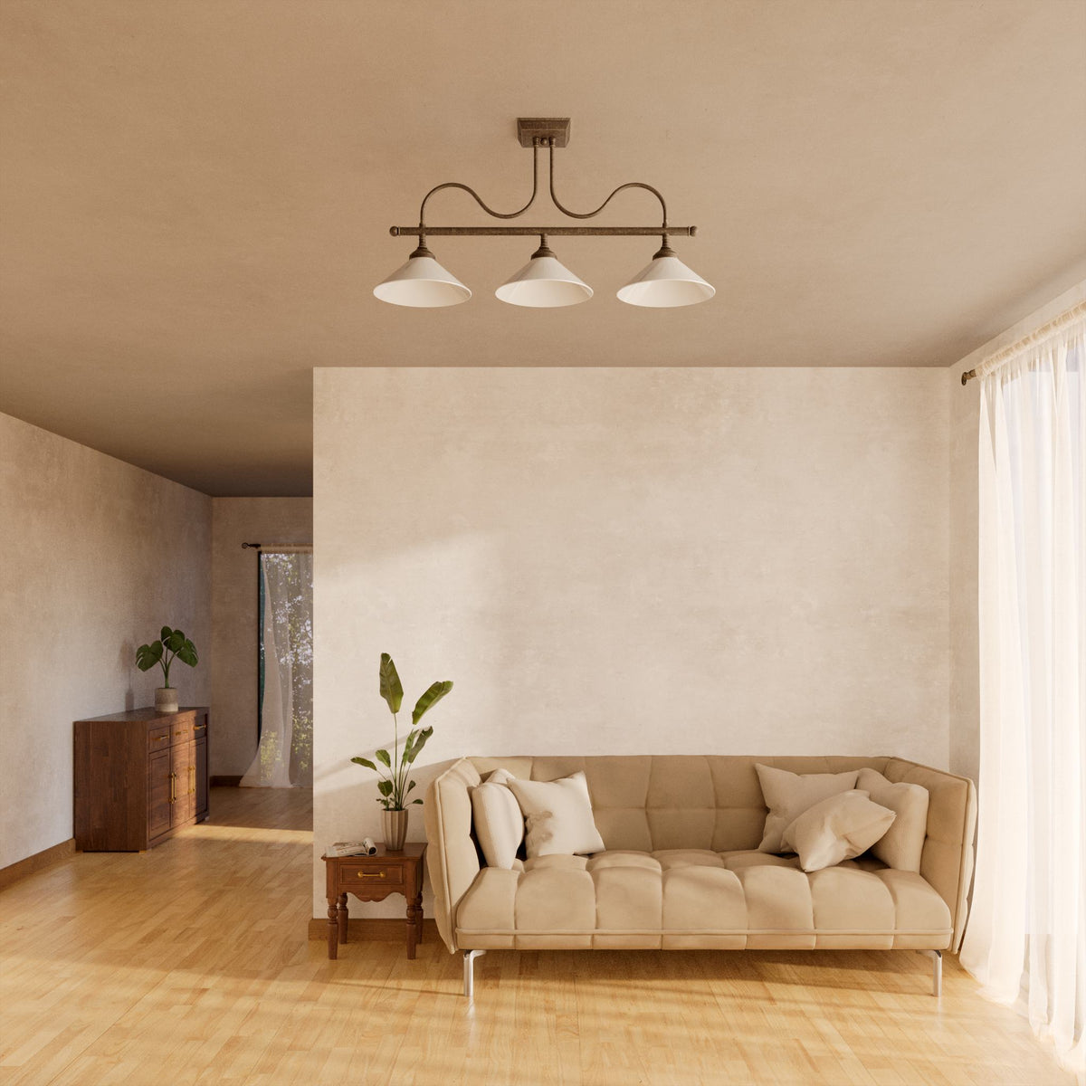 Brass ceiling lamp with three white glass shades by Ghidini 1849 - Finish: OAS Antique Brass
