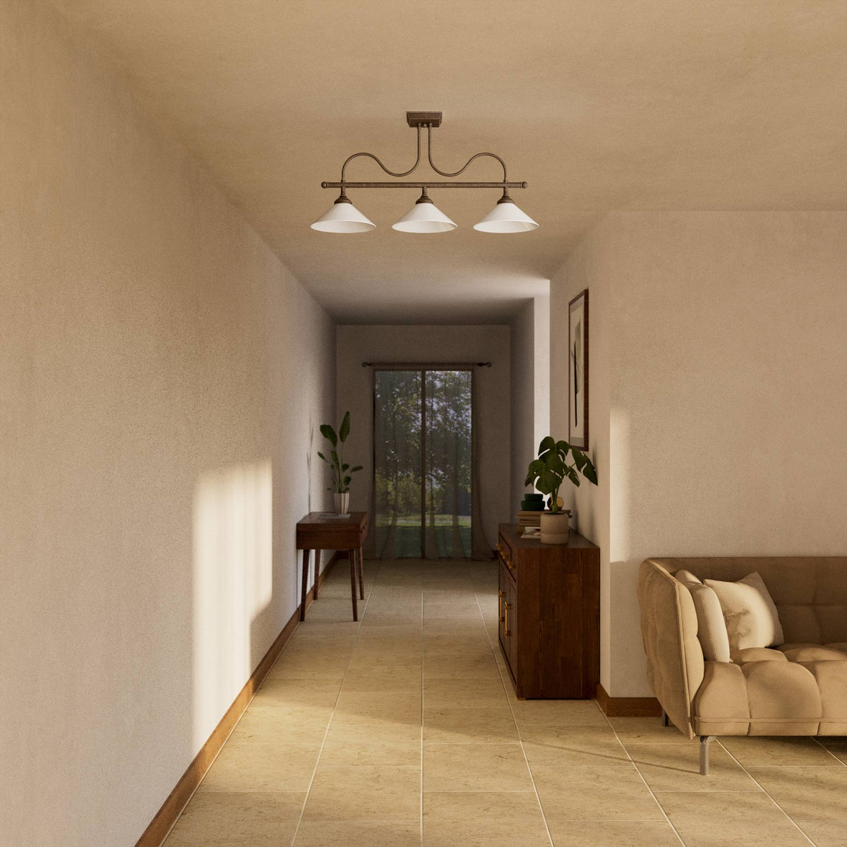 Brass ceiling lamp with three white glass shades by Ghidini 1849 - Finish: OAS Antique Brass
