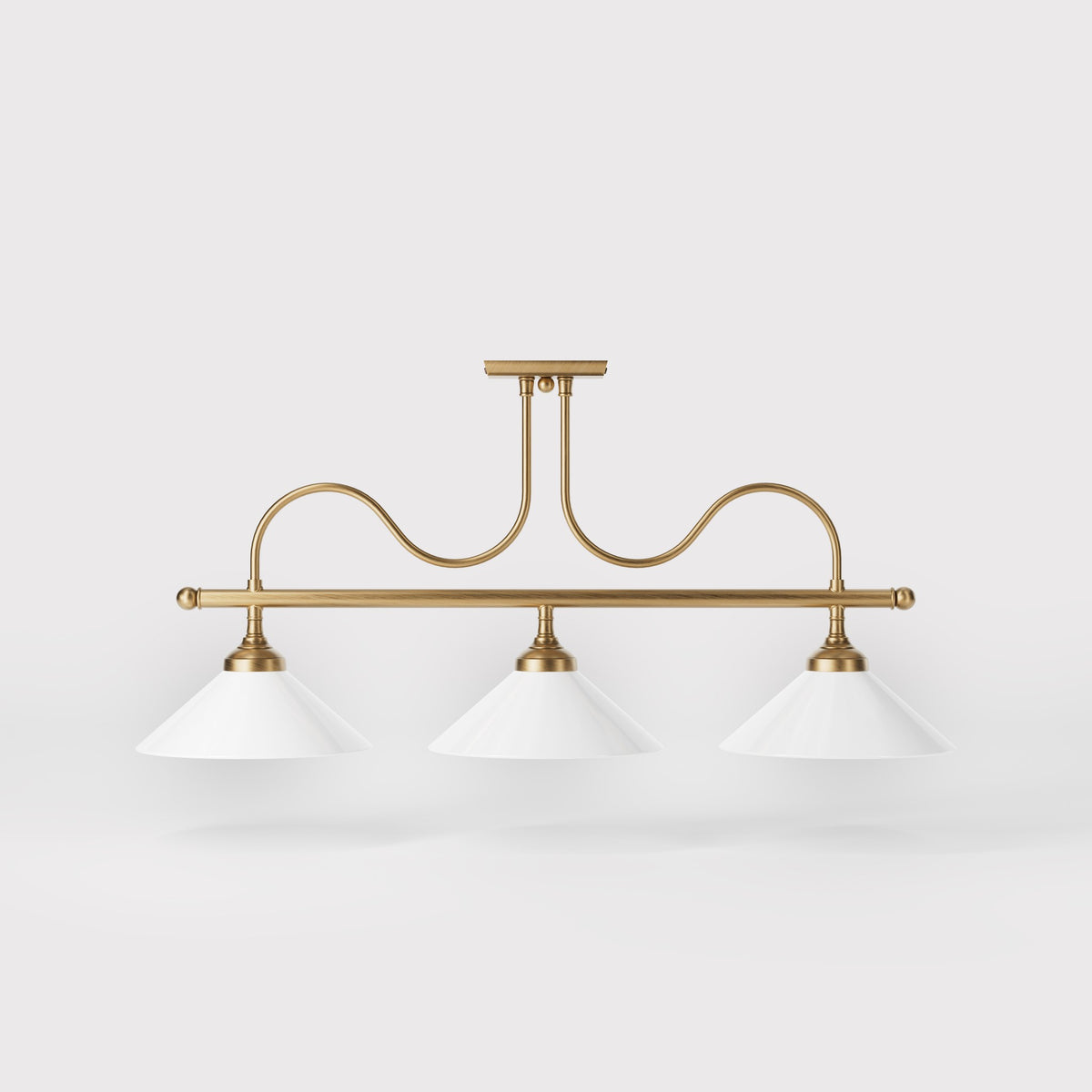 Lampada da Soffitto in Ottone con Tre Paralumi in Vetro Bianco - OBS Bronzo Satinato