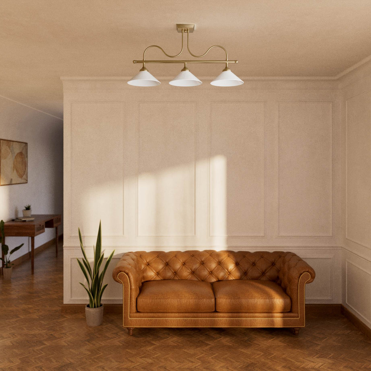 Brass ceiling lamp with three white glass shades by Ghidini 1849 - Finish: OBS Bronze Satin Brass